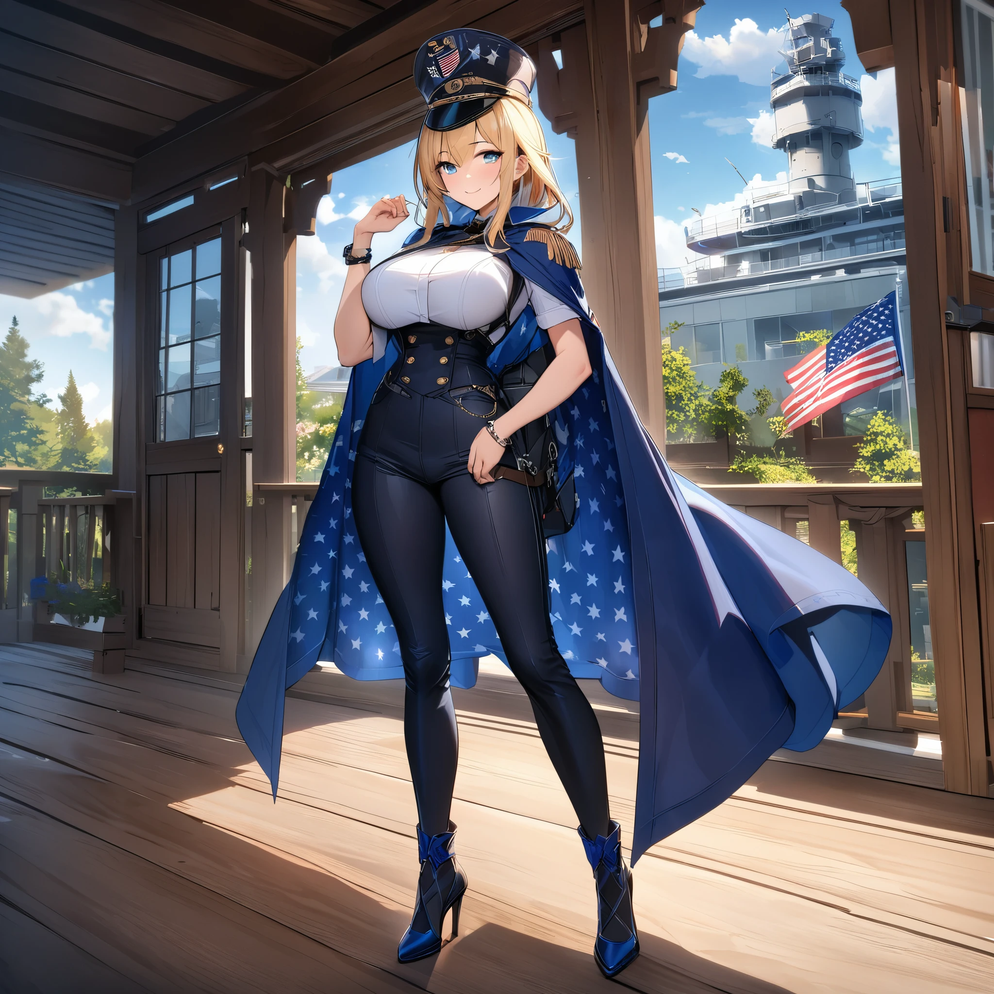 A woman wearing a navy blue coat as a cape on her back, white shirt inside, big breasts wearing tight pants personalized with the flag of the United States, wearing heels, long blonde hair, ice blue eyes, smiling, artillery tower shaped bracelet in his hands, a helm on his head shaped like a warship control tower, full body, walking on the porch of a large house, customized luxury house, garden on the porch, flag of the United States, (woman solo), HDR, ultra resolution, sharp, masterpiece, 8K HD