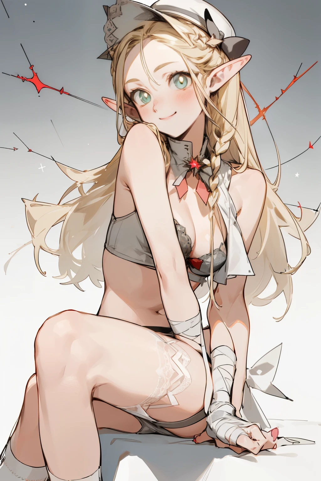 A bikini、Blonde girl wearing hat and silver accessories ,elegant, Pointed ears ,Waist-length hair,Smile,Star decoration,White lace socks,thorns,Rose,Vest line,Cross lines,cross bandage,Tube Top