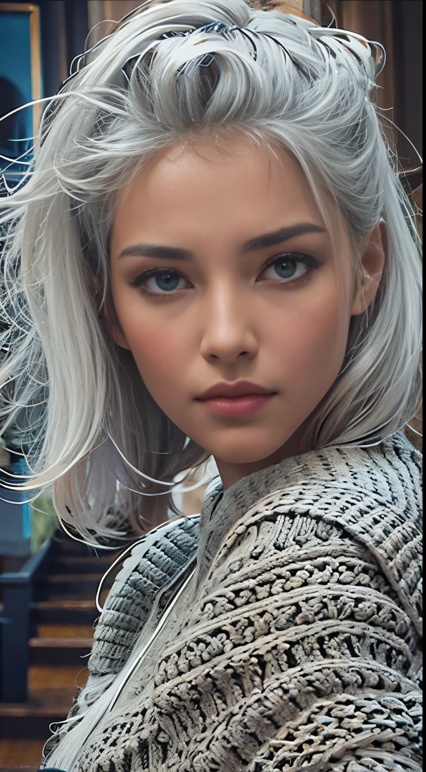 Medium Shot Shot, Beautiful woman looking at the camera, Gray Hair, Chris Foss's off-the-shoulder fall sweater