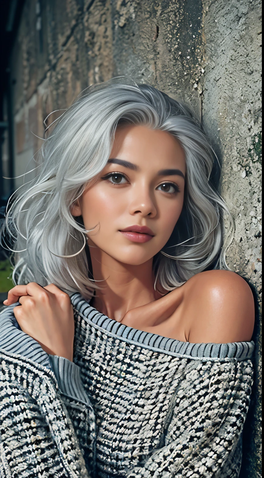 Medium Shot Shot, Beautiful woman looking at the camera, Gray Hair, Chris Foss&#39;s off-the-shoulder fall sweater
