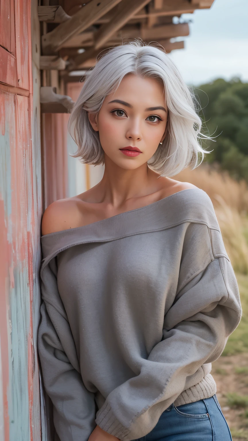 Medium Shot Shot, Beautiful woman looking at the camera, Gray Hair, Chris Foss's off-the-shoulder fall sweater