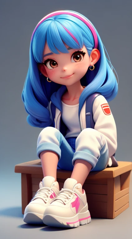 uma garota super fofa, alegre, corpo todo, cute hair accessories, usa uma jaqueta preta, Jeans and white sneakers, tem olhos castanhos grandes e brilhantes, She's sitting on the floor, Projeto IP, Clean and bright background 3D rendering, oc rendering, 8k, foco suave, fino detalhe brilhante super --ar 3:6 50 --q 2 --niji 5 --estilo expressivo --s 2
