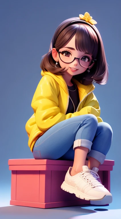 uma garota super fofa, alegre, corpo todo, cute hair accessories, usa uma jaqueta preta, Jeans and white sneakers, tem olhos castanhos grandes e brilhantes, She's sitting on the floor, Projeto IP, Clean and bright background 3D rendering, oc rendering, 8k, foco suave, fino detalhe brilhante super --ar 3:6 50 --q 2 --niji 5 --estilo expressivo --s 2