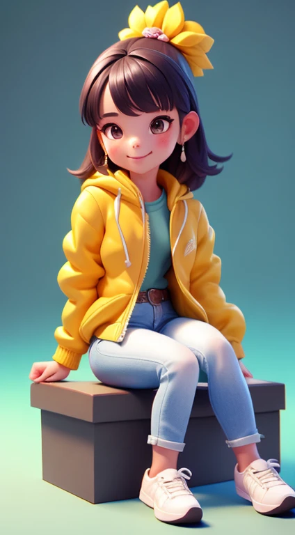 uma garota super fofa, alegre, corpo todo, cute hair accessories, usa uma jaqueta preta, Jeans and white sneakers, tem olhos castanhos grandes e brilhantes, She's sitting on the floor, Projeto IP, Clean and bright background 3D rendering, oc rendering, 8k, foco suave, fino detalhe brilhante super --ar 3:6 50 --q 2 --niji 5 --estilo expressivo --s 2