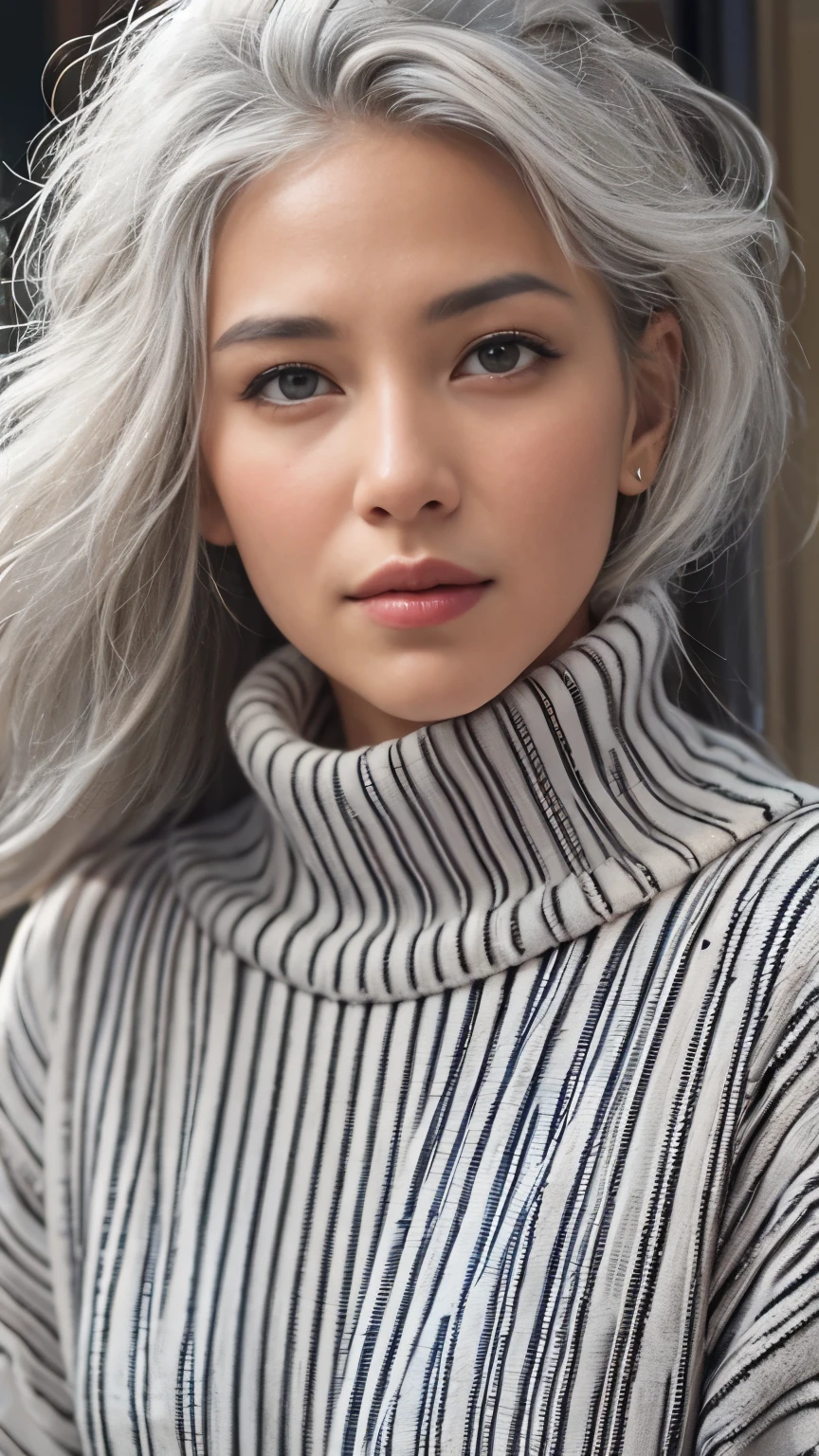 Medium Shot Shot, Beautiful woman looking at the camera, Gray Hair, Chris Foss&#39;s off-the-shoulder fall sweater