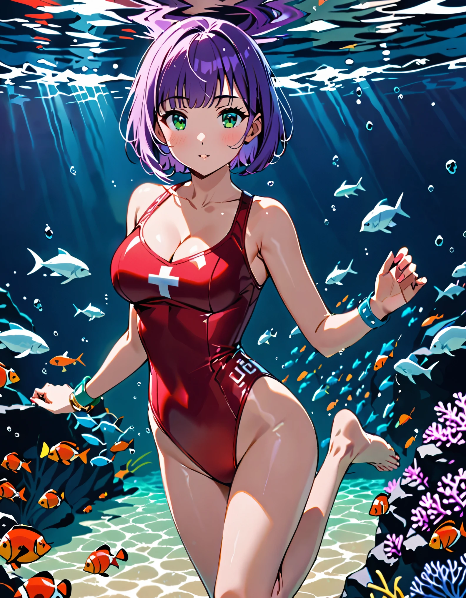 masterpiece, best quality, highres, 1girl, bangs, barefoot, bob_cut, bracelet, breasts, cleavage, full body, green eyes, leotard, medium breasts, purple hair, red leotard, red swimsuit, short hair, solo, standing, lifeguard, swimming, underwater
