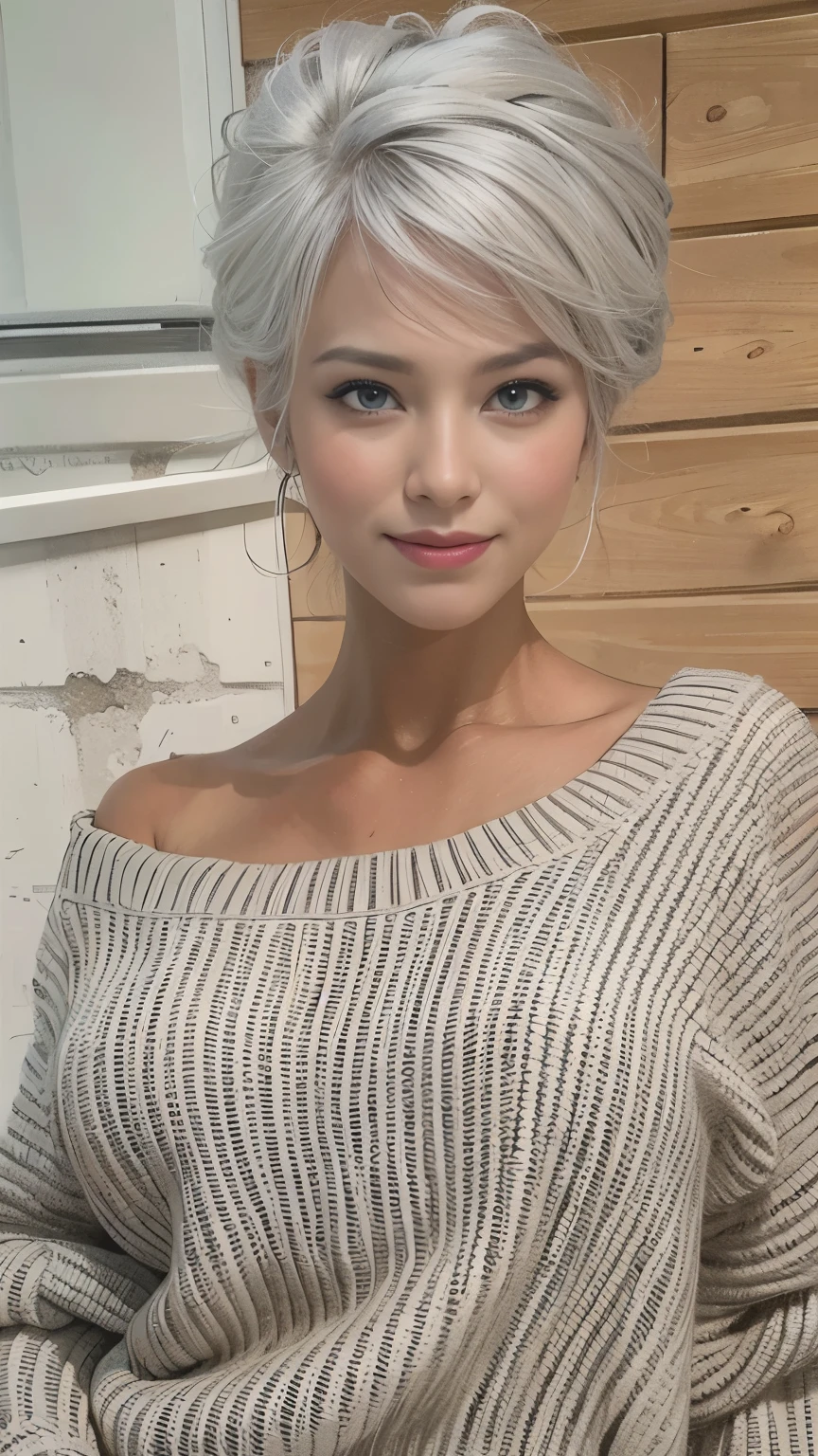 Medium Shot Shot, Beautiful woman looking at the camera, Gray Hair, Chris Foss' summer off-the-shoulder sweater