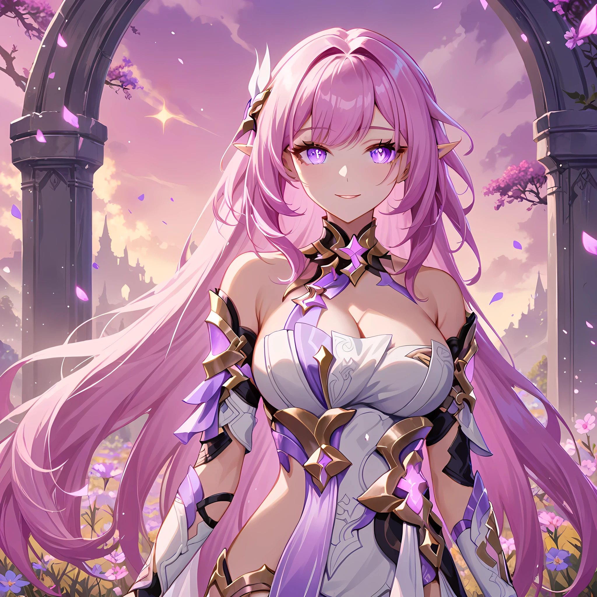 Masterpiece,very aesthetic,1girl,elysia \(herrscher of human:ego\) \(honkai impact\),pink hair,purple eyes,pointed ears,highly detailed,digital painting,elysian realm,illustrated by Ayami Kojima and Karol Bak and criin,glowing pink petals,anime fantasy background,intricate,white dress,narrow_waist,iridescent light, large breasts,official honkai imapct 3 cg,pink sky,field of wildflowers,pink slit pupils,gentle smile,god rays,long delicate eyelashes