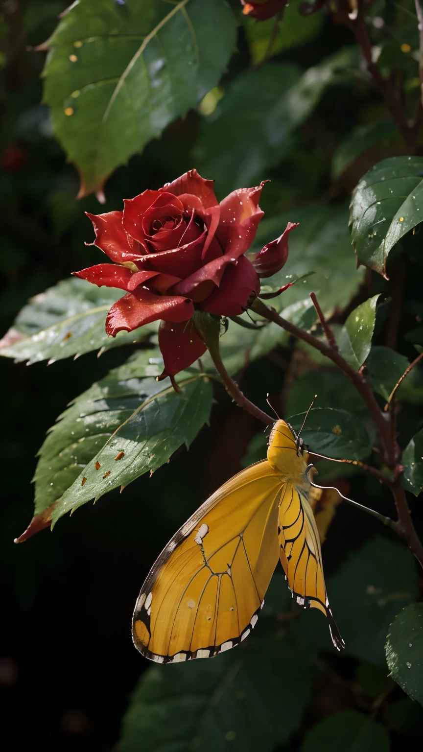 8K, Best Quality, Masterpiece, Ultra High Resolution, (Realism: 1.4), Original Photo, a rose tree with crimson flowers, on the petals there is still a bit of morning dew. A yellow butterfly flaps its wings gently next to a flower