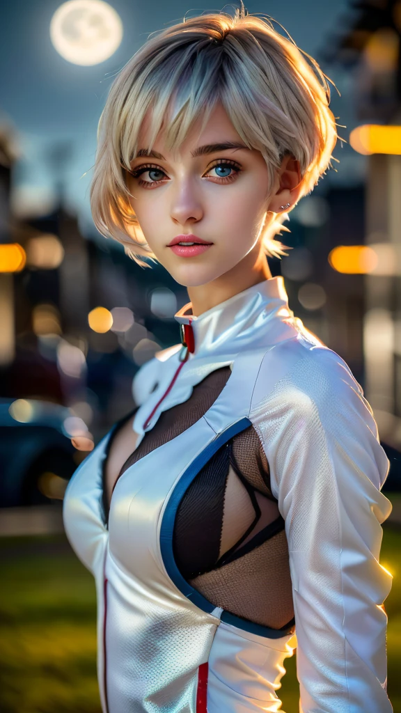 (((Ultra-HD-quality-details, real-photo-realistic, ideal))), (morbid light:1.2), (dynamic angle), raw photo, (Rei Ayanami), young, cute, very slim, skinny, red eyes, in high detailed textured Evangelion white suit, (light smile:0.8), moonlight passing through hair, (random beautiful background:1.3), (sharp), exposure blend, bokeh, dim light, high contrast, (muted colors, dim colors, soothing tones:1.3), low saturation, morbid