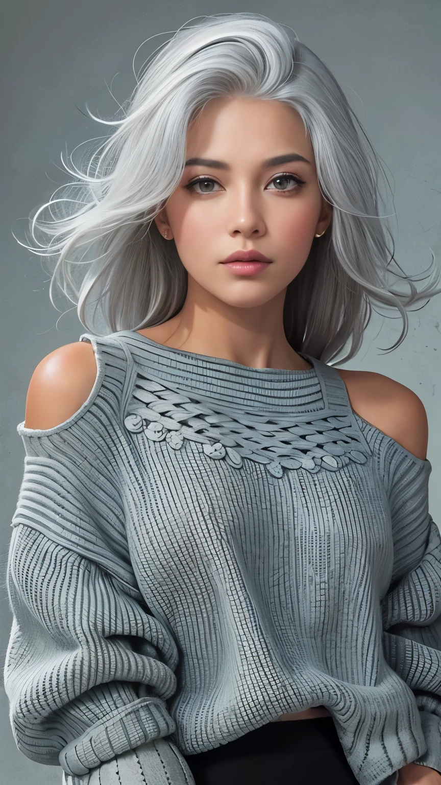 Medium Shot Shot, Beautiful woman looking at the camera, Gray Hair, Chris Foss&#39; summer off-the-shoulder sweater