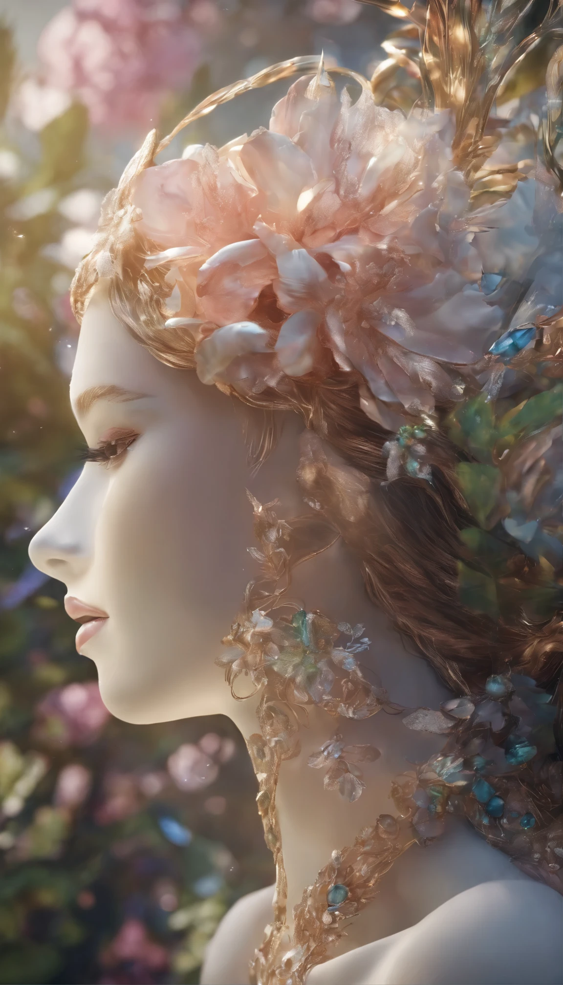All expressed with jewels, the arrival of spring, various beautiful flowers, angles looking up from below, various jewels falling from the sky, wonderful and beautiful superb view, slightly hazy, fantastic, high resolution, 8K, (best quality, highres, realistic:1.37), shiny metallic flowers, intricate and delicate petals, reflective surfaces, vibrant colors, intricate details, close-up view, surreal garden, surreal beauty, dreamy atmosphere, fine art, abstract botanicals, metallic sculpture, contrasting textures, ethereal glow