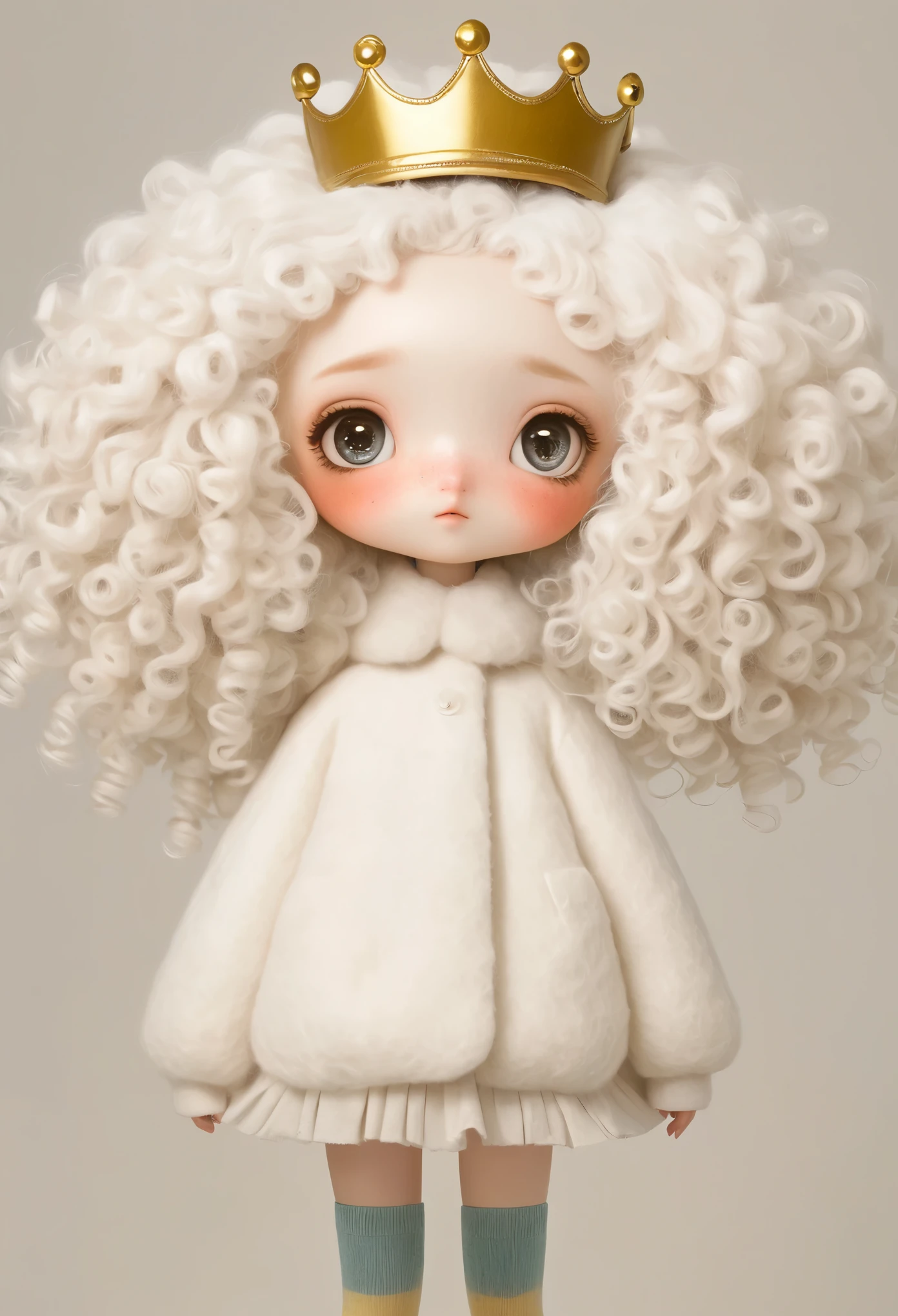 (masterpiece, best quality:1.2), 1 girl, solitary, Large rectangular head，big eyes，White curly hair，Felt Clothing，crown，Long legs，sock，shoe，whole body