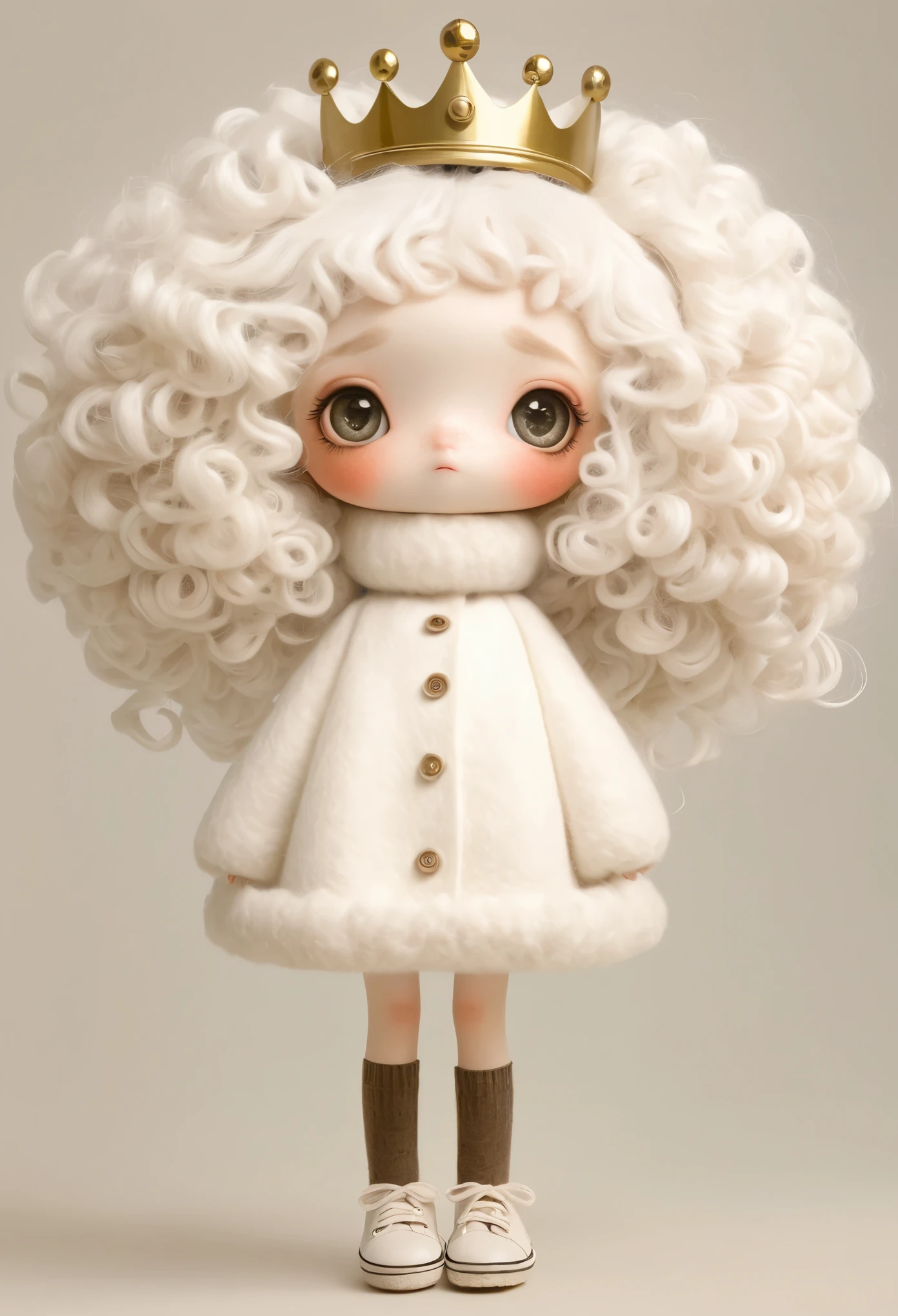 (masterpiece, best quality:1.2), 1 girl, solitary, Large rectangular head，big eyes，White curly hair，Felt Clothing，crown，Long legs，sock，shoe，whole body