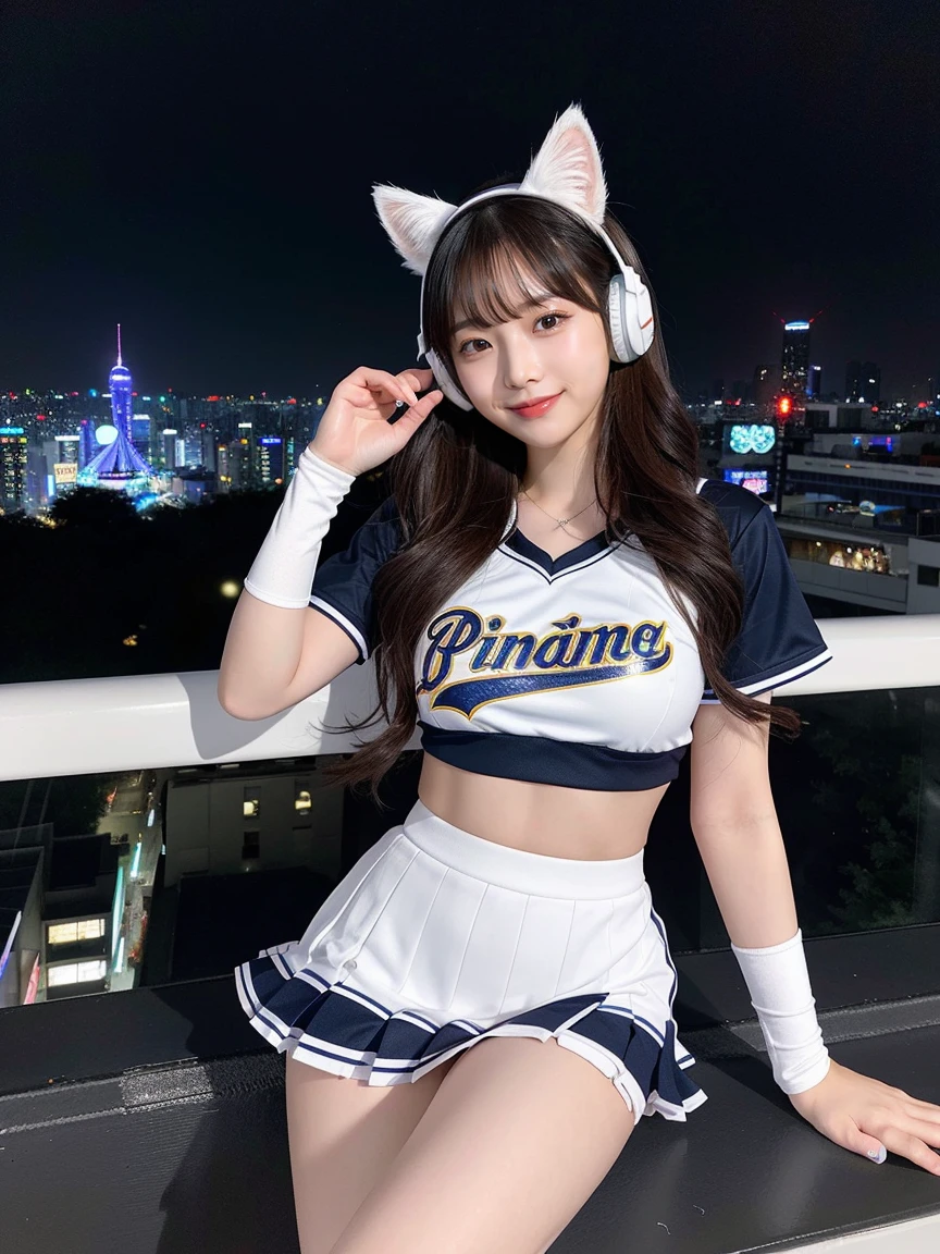 Full body photo、whole、最high quality, masterpiece, 32k、Very detailed、Realistic、1 girl, Japanese women、Cute face, (photo Actual:1.3), Edge lighting, (Skin with attention to detail:1.2), 8k超High resolution, Single-lens reflex camera, high quality, High resolution, 4K, 8k, Optimal ratio of four fingers to one thumb, (Actual:1.3), smile、自然なsmile、Baseball Cheerleader Costumes(black、Light blue line design、Japanese professional baseball cheerleaders)、Cat ear headphones(ピンク色のネオンCat ear headphones)、cute 1 girl, Realistic、Super Realistic、32k、Very detailed、masterpiece, 最high quality, beautiful girl, beauty、 Mecha, Beautiful lighting, Sitting,Cyber Neon、Future City、Skyscraper、City Night、Shanghai、Big cities、Night view、綺麗なNight view