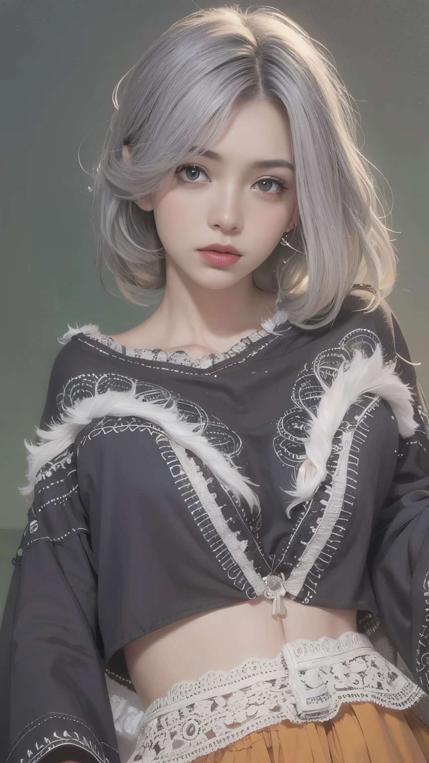 Medium Shot Shot, Beautiful woman looking at the camera, Gray Hair, Chris Foss&#39; summer off-the-shoulder sweater