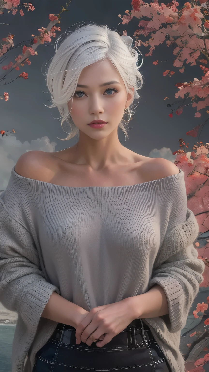 Medium Shot Shot, Beautiful woman looking at the camera, Gray Hair, Chris Foss&#39; summer off-the-shoulder sweater