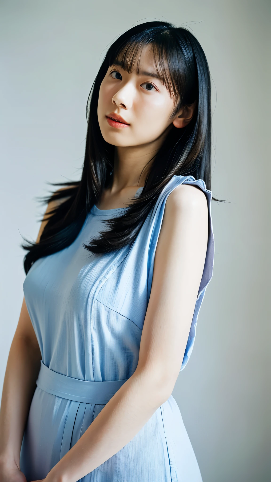 A woman in her 50s、five〇age、A little old、Big Breasts、camisole、(Corridors in Japan、Some of her hair is sky blue:1.4)、White wall、(A room with a white wall and a window)、((highest quality、8k、masterpiece:1.3))、Ultra-high resolution、(photoGenuineistic:1.4)、RAW Photos、Japanese,(Detailed aspect)、Genuine、Photographed in natural light、Highly detailed face and skin texture、Highly detailed lips、The correct state of the human body、Shortcuts、Black Hair、Various poses、Natural color lip、Upper Body