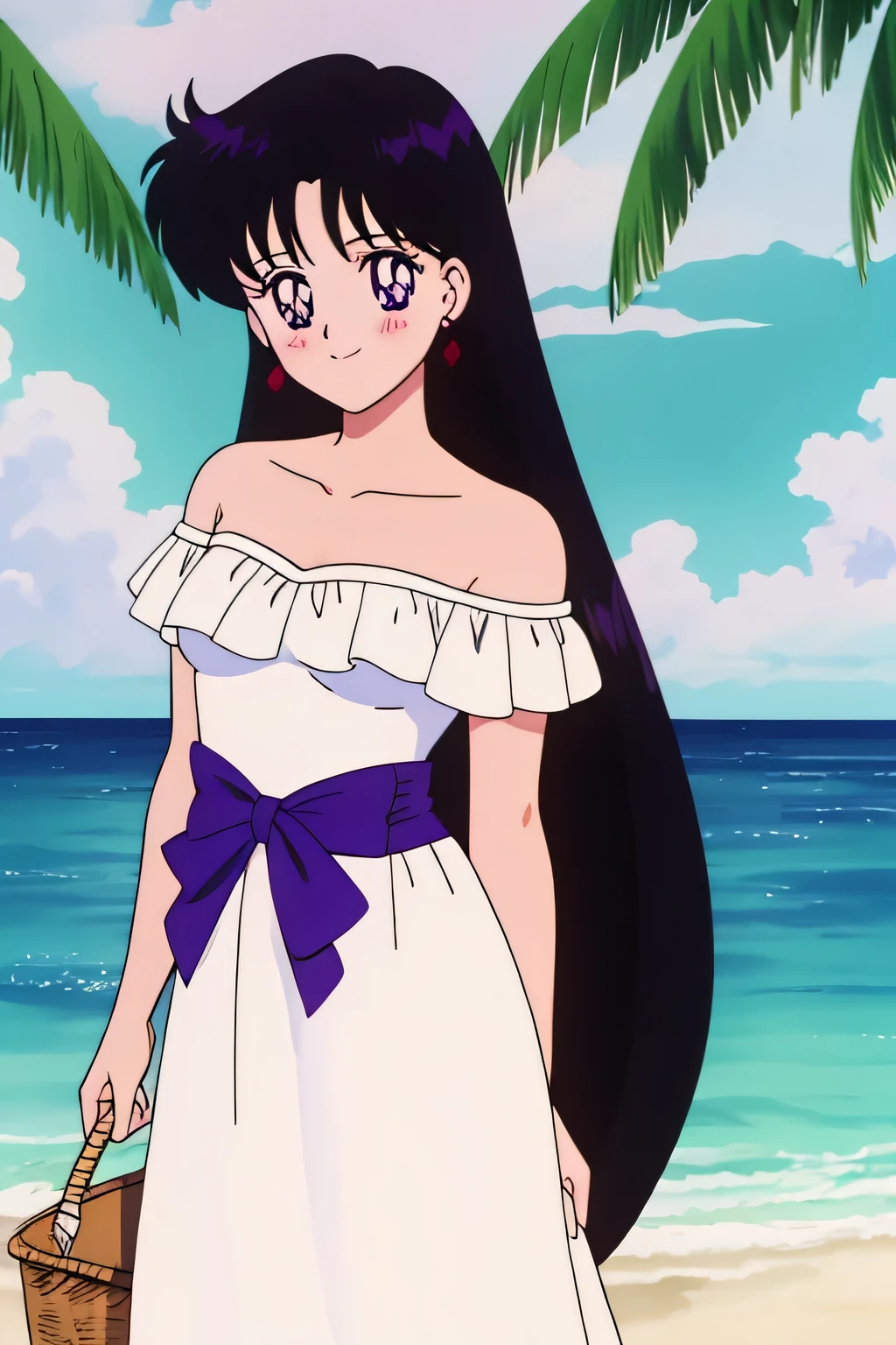 1990s \(style\), masterpiece, best quality, highres, outdoors, small breasts, 1 girl, Solo, Rei Hino, Purple Eyes, Beautiful Detail Eyes, Long Black Hair, Straight Hair, Good hands are down, Smile, Blushing, Bare Neck, Bare Shoulders, strapless, White Ruffle Off-the-Shoulder maxi dress. Cowboy shot. A landscape of blue skies, an ocean with a beach. In the center. On the dock.