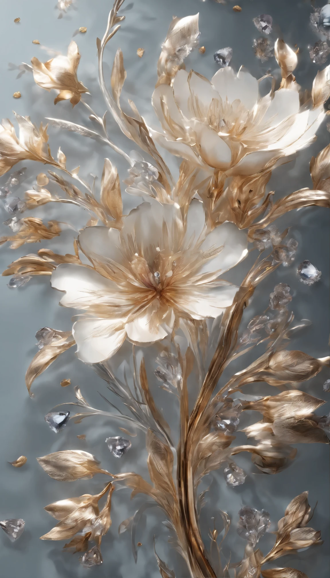 All expressed with jewels, the arrival of spring, various beautiful flowers, angles looking up from below, various jewels falling from the sky, wonderful and beautiful superb view, slightly hazy, fantastic, high resolution, 8K, (best quality, highres, realistic:1.37), shiny metallic flowers, intricate and delicate petals, reflective surfaces, vibrant colors, intricate details, close-up view, surreal garden, surreal beauty, dreamy atmosphere, fine art, abstract botanicals, metallic sculpture, contrasting textures, ethereal glow