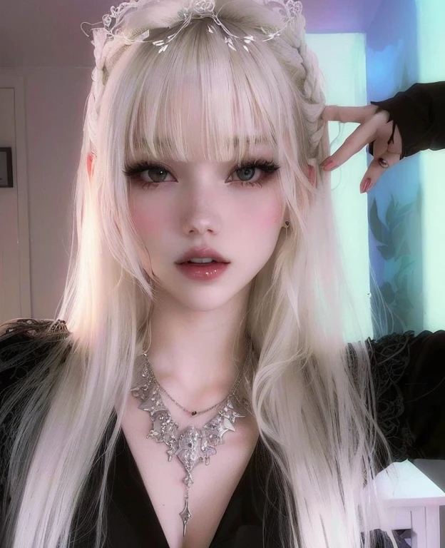 chica rubia con una corona, una gargantilla y un collar, pelo largo y blanco y flequillo, peinado de corte hime blanco, con el pelo largo y blanco, cruel korean gothic girl, Lalisa Manobal, con pelo largo y blanco, flequillo blanco, extremely pale blonde hair, bella delfina, pale porcelain white skin, chica perfecta de pelo blanco, chica con pelo blanco, cabello con flequillo blanco