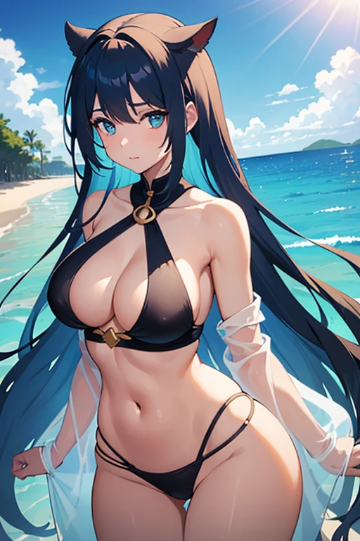 A young female, with a thick, curvaceous body, stands confidently on the sandy beach. The top half of her torso is bare, revealing her tanned, toned skin. Her lower half is covered only by a loose-fitting loincloth, which accentuating her hourglass figure. An orca tail, gracefully flowing in the water behind her, signifies her aquatic heritage. Her long, vibrant blue hair cascades down her back, framing her face and catching the sun's rays. With her head tilted back and a serene expression upon her features, she gazes out at the sparkling ocean, her eyes reflecting the tranquility of the scene