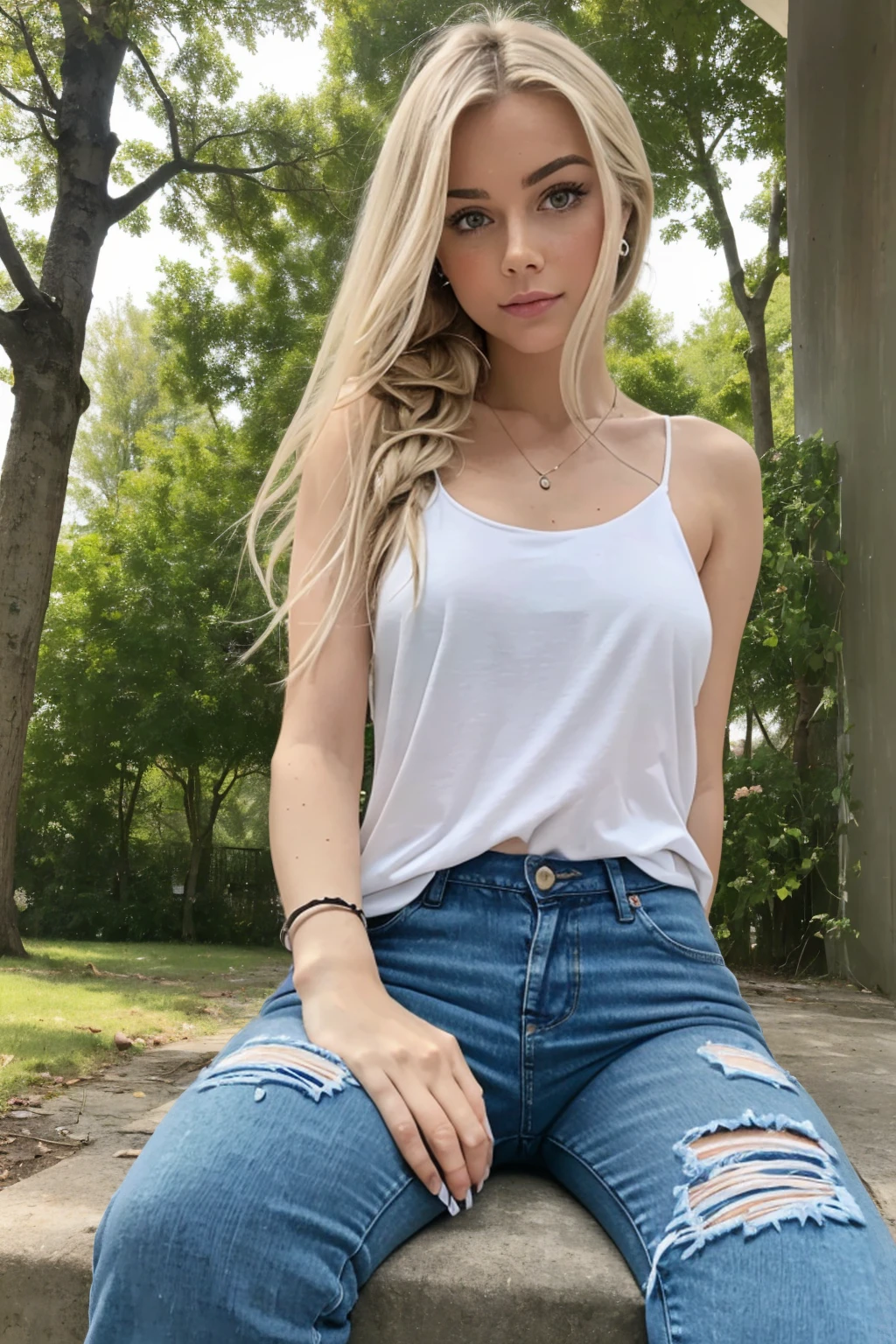 Meisterwerk, best quality, 18 year old Russian girl, jung, Hands in Esposas (FrauEhefrauBlonde , wellig, Mittellanges Haar ohne Styling, Armband am linken Handgelenk, Halskette um den Hals, His skin was covered with goose bumps., pretty face, thin body, wohlgeformte Beine, tears en los ojos, Verteilen Sie Mascara um Ihre Augen. ,Stunned, frightened look , The body turns red , tears, Hysterismus, Furcht, Bitten um Gnade, wolliges Fell,sunny weather,sitting,blonde,(sitting in a park), jeans hot pants,white top