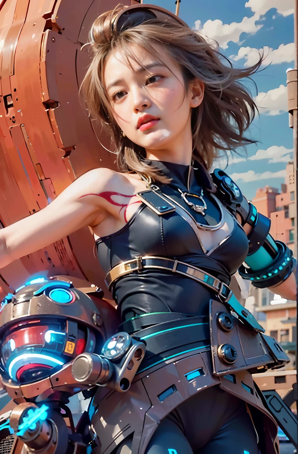 Masterpiece, (ultimate quality:1.2), 8k, Japanese woman in turtle-type powered suit, silver base with yellow and black accents, very beautiful face, mechanical, (mechanical bat wings), jet pack, hydraulic cylinder, power pipe, ultimately intricate details, full body shot, (ultimate photo Realistic:1.37), future metropolis at night, (Steampunk: 1.2), (Cyberpunk), Full body photo, Wide-angle shot