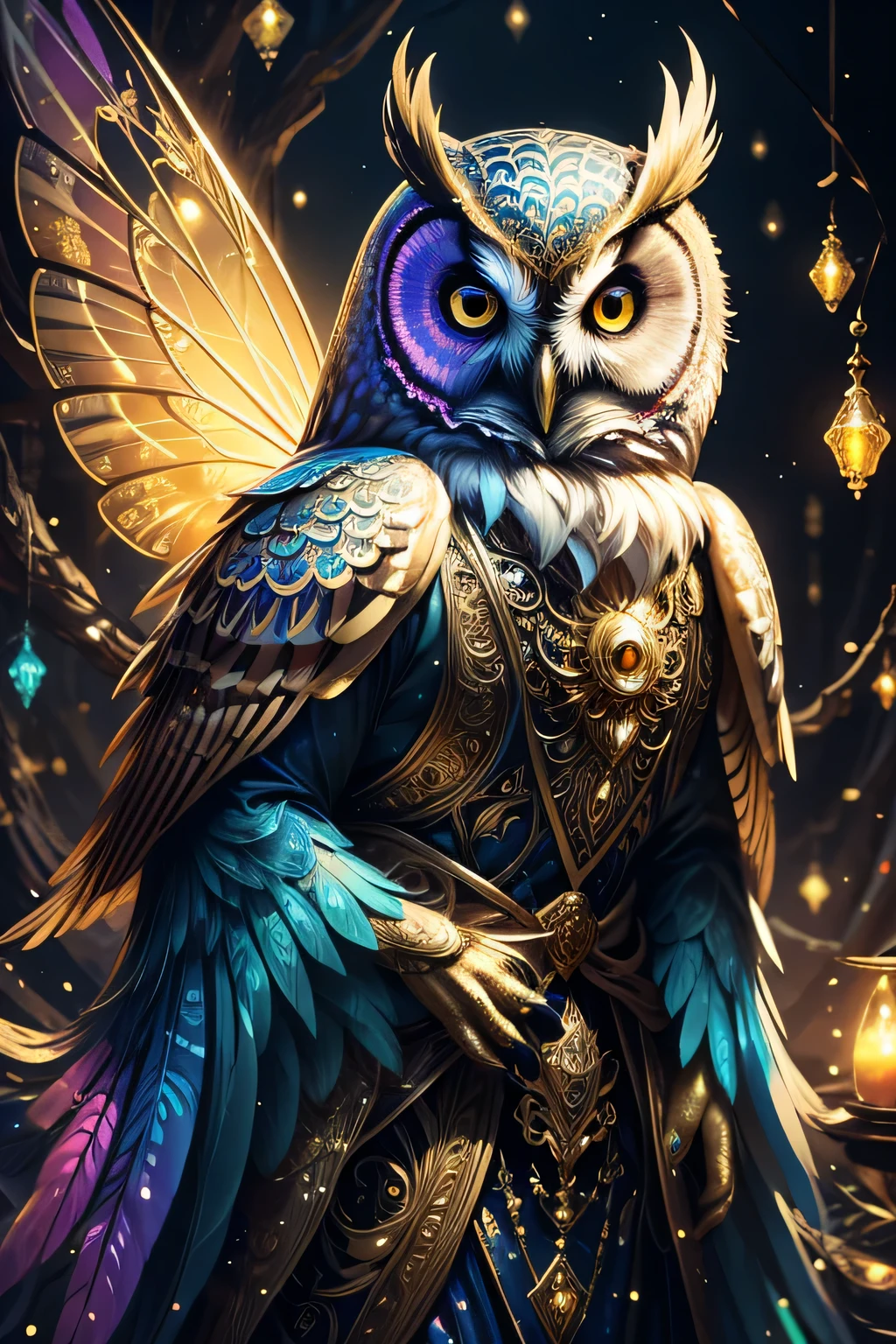 Luminous art owl in fairy costume, psychedelic,god々New Background,god mysterious background,Dignified,gold