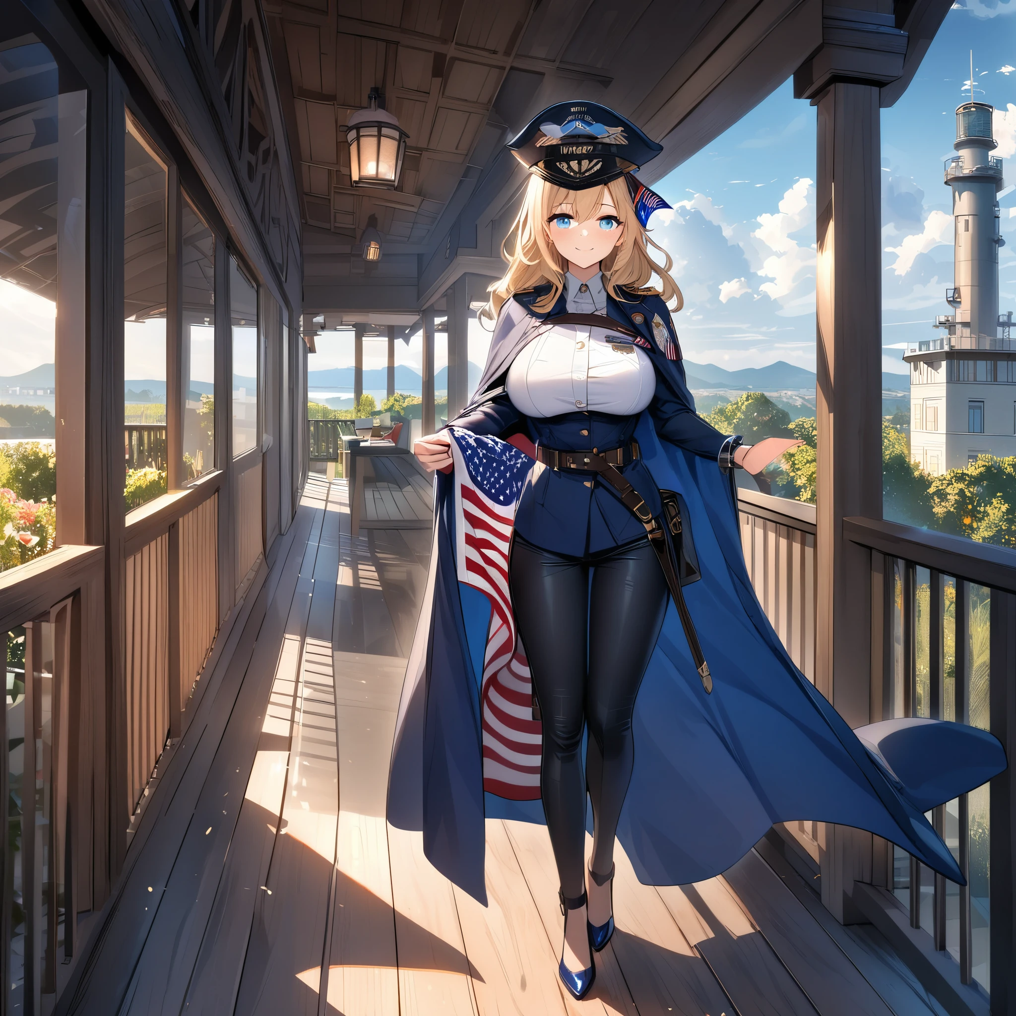 A woman wearing a navy blue coat as a cape on her back, white shirt inside, big breasts wearing tight pants personalized with the flag of the United States, wearing heels, long blonde hair, ice blue eyes, smiling, artillery tower shaped bracelet in his hands, a helm on his head shaped like a warship control tower, full body, walking on the porch of a large house, customized luxury house, garden on the porch, flag of the United States, (woman solo), HDR, ultra resolution, sharp, masterpiece, 8K HD