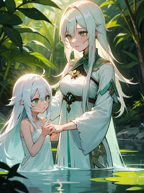 Nahida von Genshin impact, als erwachsene Frau, long white hair, green eyes, in a white dress, zusammen mit ihrer Tochter Lumine von Genshin impact, als kleines Kind, long white hair, green eyes, in a white dress, in ihren Armen, in a jungle in front of a hot spring that glows green, bei Nacht.