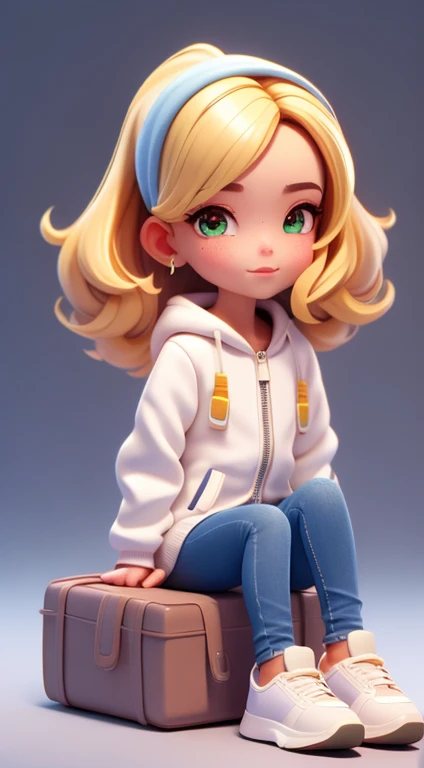 uma garota super fofa, corpo todo, longos cabelosdourado com listras brancas super macios, usa uma jaqueta preta, Jeans and white sneakers, tem olhos castanhos grandes e brilhantes, She's sitting on the floor, Projeto IP, Clean and bright background 3D rendering, oc rendering, 8k, foco suave, fino detalhe brilhante super --ar 3:6 50 --q 2 --niji 5 --estilo expressivo --s 2