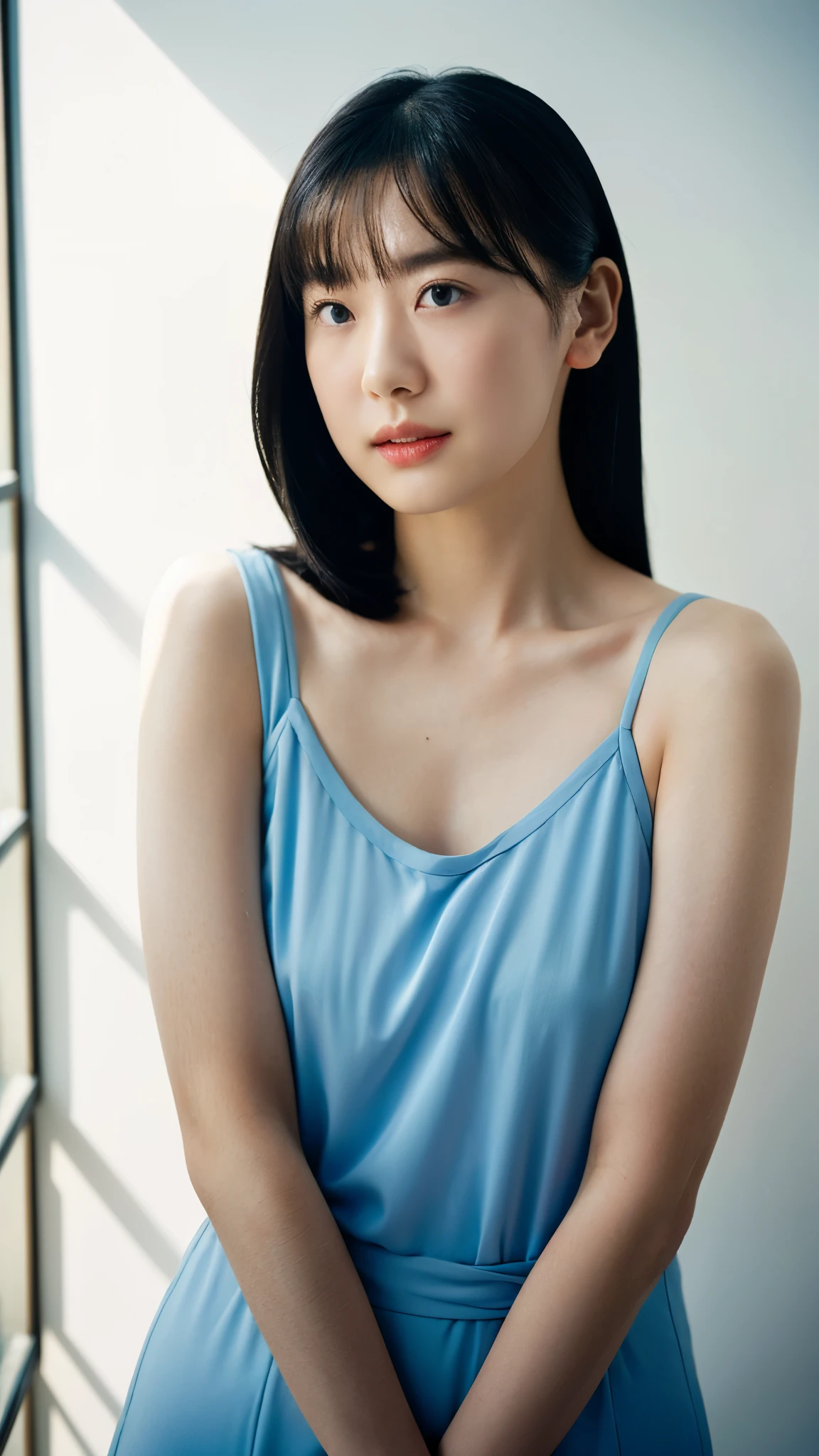 A woman in her 50s、five〇age、A little old、Big Breasts、camisole、(Corridors in Japan、Some of her hair is sky blue:1.4)、White wall、(A room with a white wall and a window)、((highest quality、8k、masterpiece:1.3))、Ultra-high resolution、(photoGenuineistic:1.4)、RAW Photos、Japanese,(Detailed aspect)、Genuine、Photographed in natural light、Highly detailed face and skin texture、Highly detailed lips、The correct state of the human body、Shortcuts、Black Hair、Various poses、Natural color lip、Upper Body