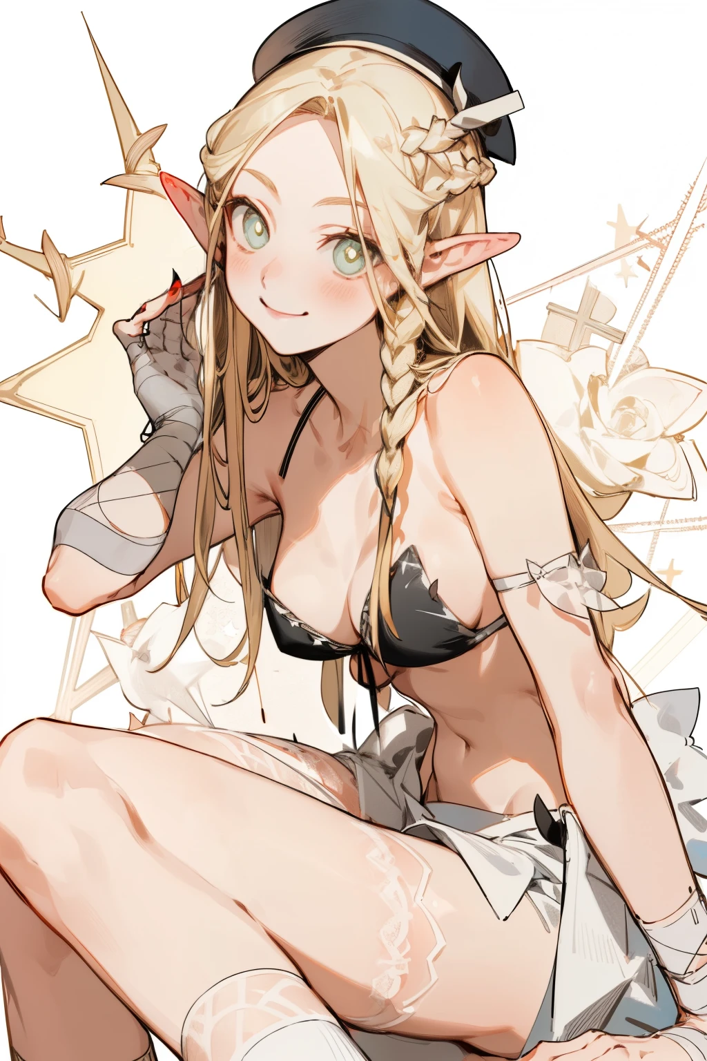 A bikini、Blonde girl wearing hat and silver accessories ,elegant, Pointed ears ，Waist-length hair，Smile，Star decoration，White lace socks，thorns，Rose，Vest line，Cross lines，cross bandage，Tube Top