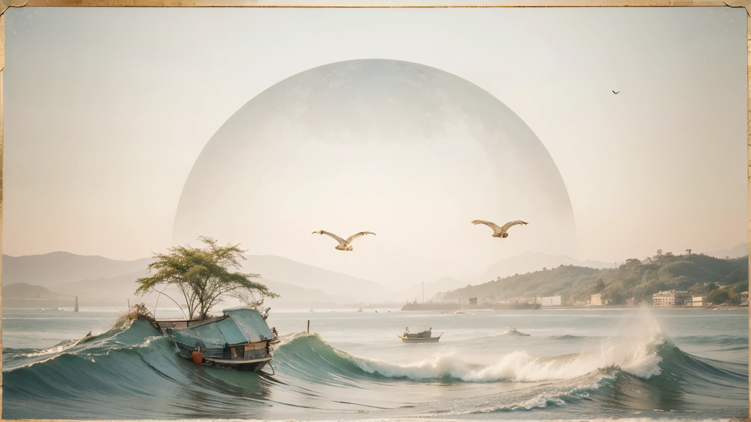 Landscape with gold silhouette crane birds. Chinese wave decorations in vintage style with grey circle watercolor texture.