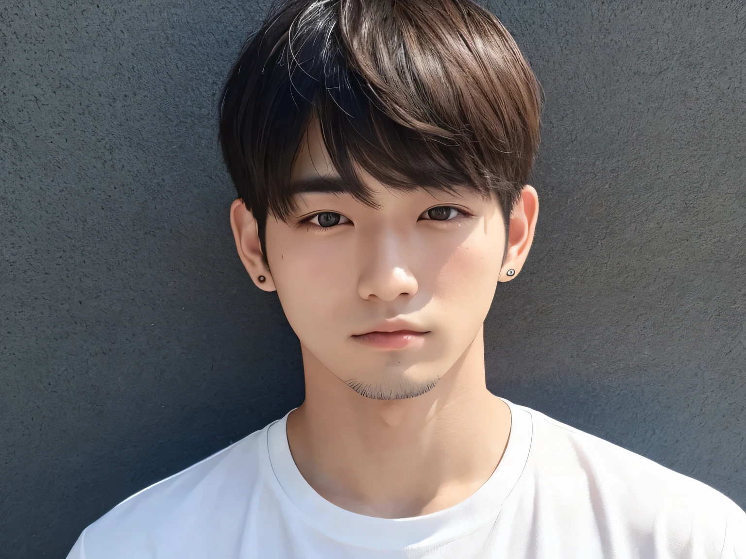 Man in white shirt、Short hair、Japanese man in his 20s、pierced left ear、His face looking down、Photo-realistic skin texture、Upper body portrait,Beardless、Bangs down、Photo-realistic hair texture、Hair Catalog