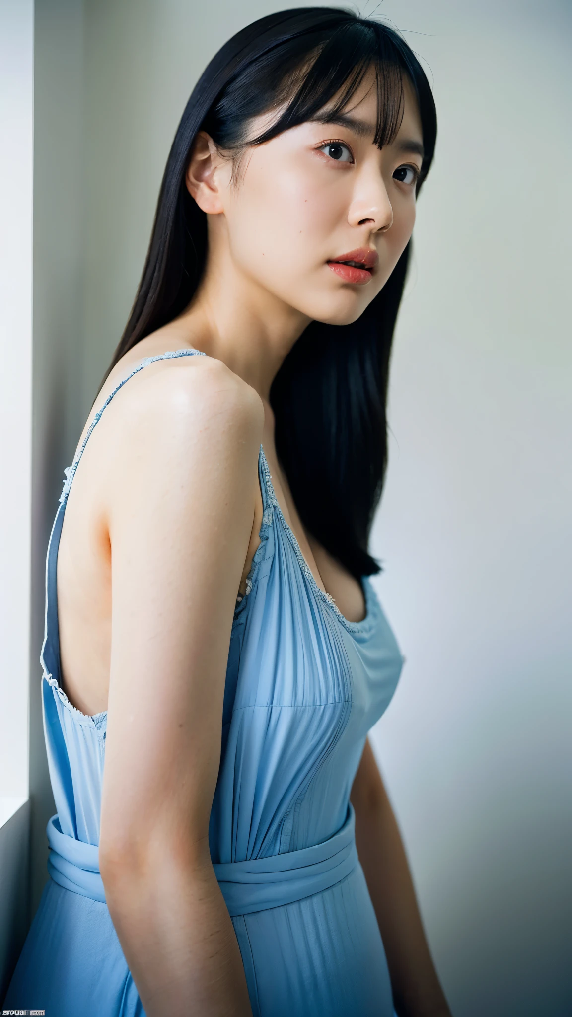 A woman in her 50s、five〇age、A little old、Big Breasts、camisole、(Corridors in Japan、Some of her hair is sky blue:1.4)、White wall、(A room with a white wall and a window)、((highest quality、8k、masterpiece:1.3))、Ultra-high resolution、(photoGenuineistic:1.4)、RAW Photos、Japanese,(Detailed aspect)、Genuine、Photographed in natural light、Highly detailed face and skin texture、Highly detailed lips、The correct state of the human body、Shortcuts、Black Hair、Various poses、Natural color lip、Upper Body