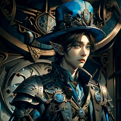 Jaehyun (NCT) as a handsome Kpop idol version of "Hatter Madigan", Hatter H, a steampunk Mad Matter wearing an armored blue jacket and tall blue hat; Good looking Asian (Kpop idol) elf with black hair wearing a blue steampunk suit (over an armored breastplate). Slim, slender and pale skinned Asian boy wearing a blue suit with straps, buckles and metal reinforcements. Like Sungwoo as an Asian elf with black hair wearing a reinforced armored jacket decorate with metal parts