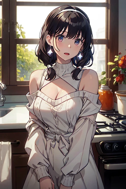 masterpiece, yor, 1girl, Amazing Cleavage:1.3, thin waist, big ass, Raised sexy, medium breast: 1.3 posed cleavage:1.2、solo, looking at viewer, open mouth, have a cup of coffee,black hair, red eyes, dress, bare shoulders, jewelry, collarbone, sidelocks, hairband, earrings, indoors, off shoulder, :o, sweater, arms behind back, plant, short hair with long locks, white hairband, off-shoulder dress, sweater dress, off-shoulder sweater, red sweater, big side hair, very long side hair,is rendered in (masterpiece: 1.2, best quality), with (ultra high resolution) and an exquisite (depth of field). This masterpiece is not only visually stunning but also tells, make of cooking some cakes ,in the kitchen 