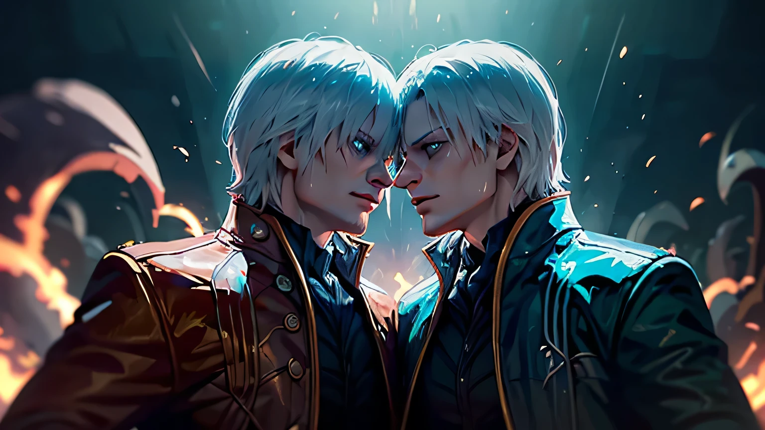 (beste-Qualit, 8K, 12),(masterpiece), (best quality),(insanely detailed, beautiful detailed face, masterpiece, best quality), An evocative image of a dramatic showdown between Dante and Vergil in a hell world. locked in a fierce and draining combat. Their expressions betray a mixture of determination and fatigue, while the electric atmosphere crackles with anticipation. The outcome of this pivotal battle will shape the destiny of mankind, adding a weighty sense of importance to the scene