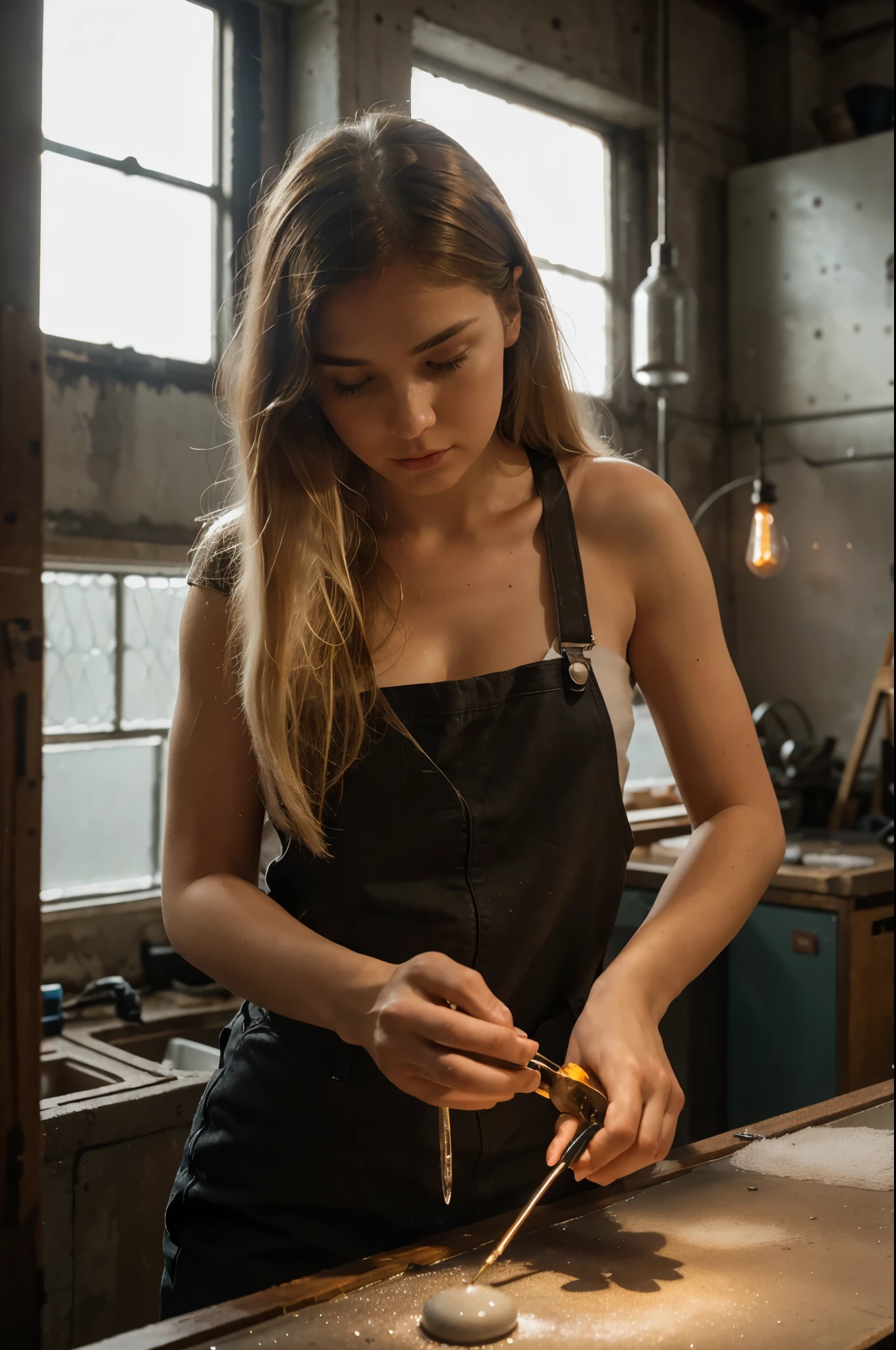 This striking image, captured with a high-resolution professional camera, shows us a 21-year-old girl in an unusual activity, immersed in the art of glassblowing. Her hair, whether white or blonde, is styled in a practical yet modern style, allowing freedom of movement as she works. Her pale eyes reflect a combination of concentration and creativity, illuminating her face with captivating intensity. Dressed in a rugged yet stylish overall, designed specifically for the task at hand, our glass artist immerses herself in her work with passion and skill. Her skillful hands masterfully shape the molten glass, creating elegant and delicate shapes that seem to come to life before our eyes. Although her outfit is more functional than flashy, every detail is carefully designed to provide comfort and security while she works on her art. The photograph captures the exact moment our talented protagonist puts the finishing touches on her latest creation, with the glass workshop illuminated by warm sunlight filtering through the windows. Every detail, from the sparks of molten glass to the sparkle in our artist's eyes, is presented with stunning clarity and realism, transporting the viewer into the fascinating world of glassblowing.