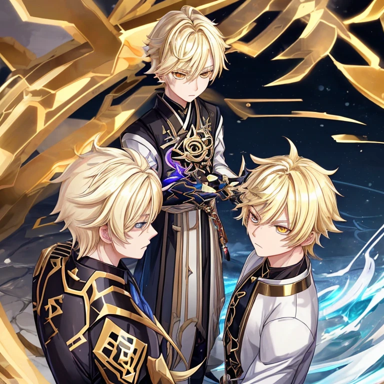 Aether from Genshin Impact. Blonde boy. Short hair. Golden Eyes. Cold Expression.