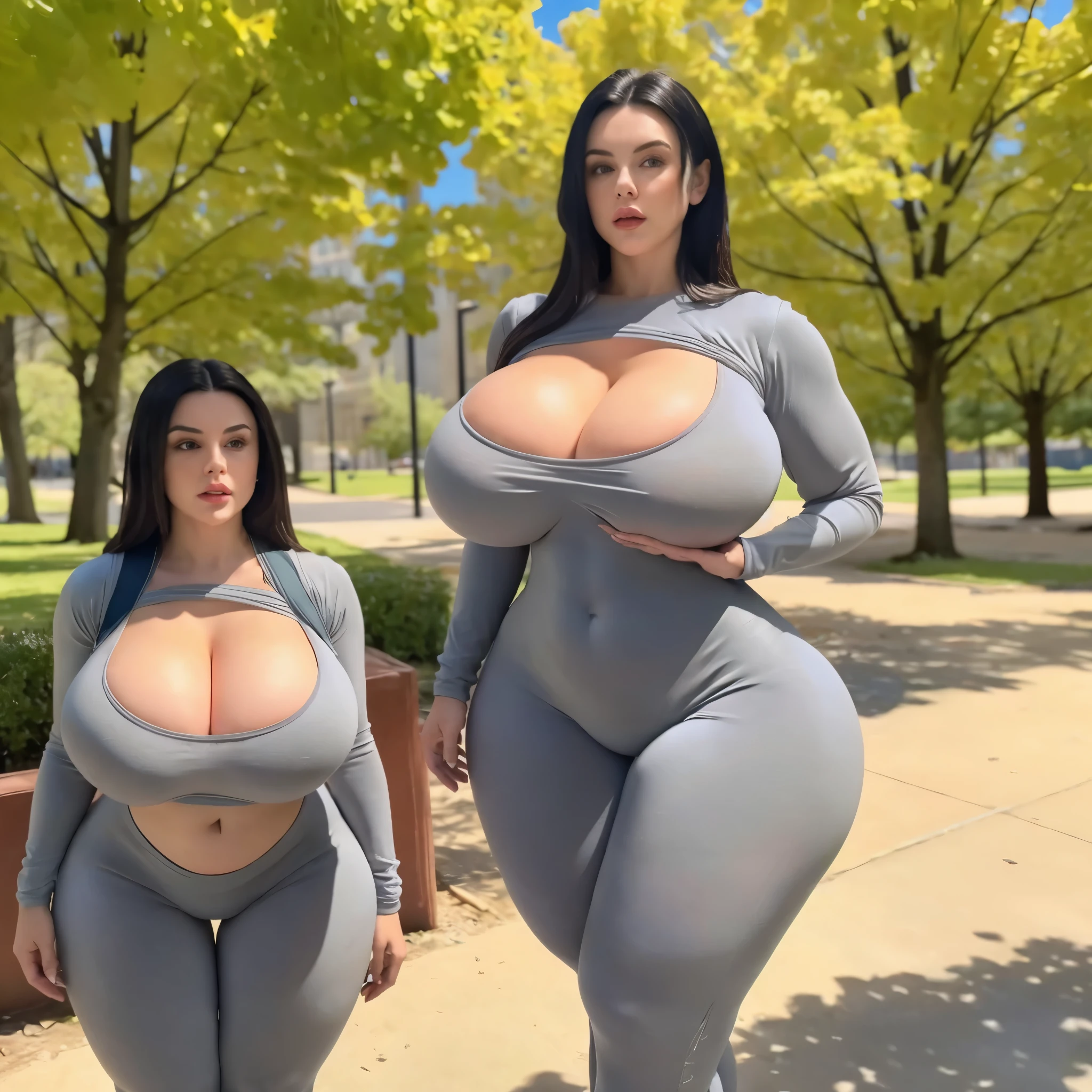 Realistic masterpiece, 8K, 1girl, a thick beautiful woman in a gray cleavage body suit standing in the park, thick body, stunning shot of giant goddess, angelawhite, thick, strong and big, thick lines, curvy body, beautiful curves, thick booty slim, thick physique, slim stomach, big breasts