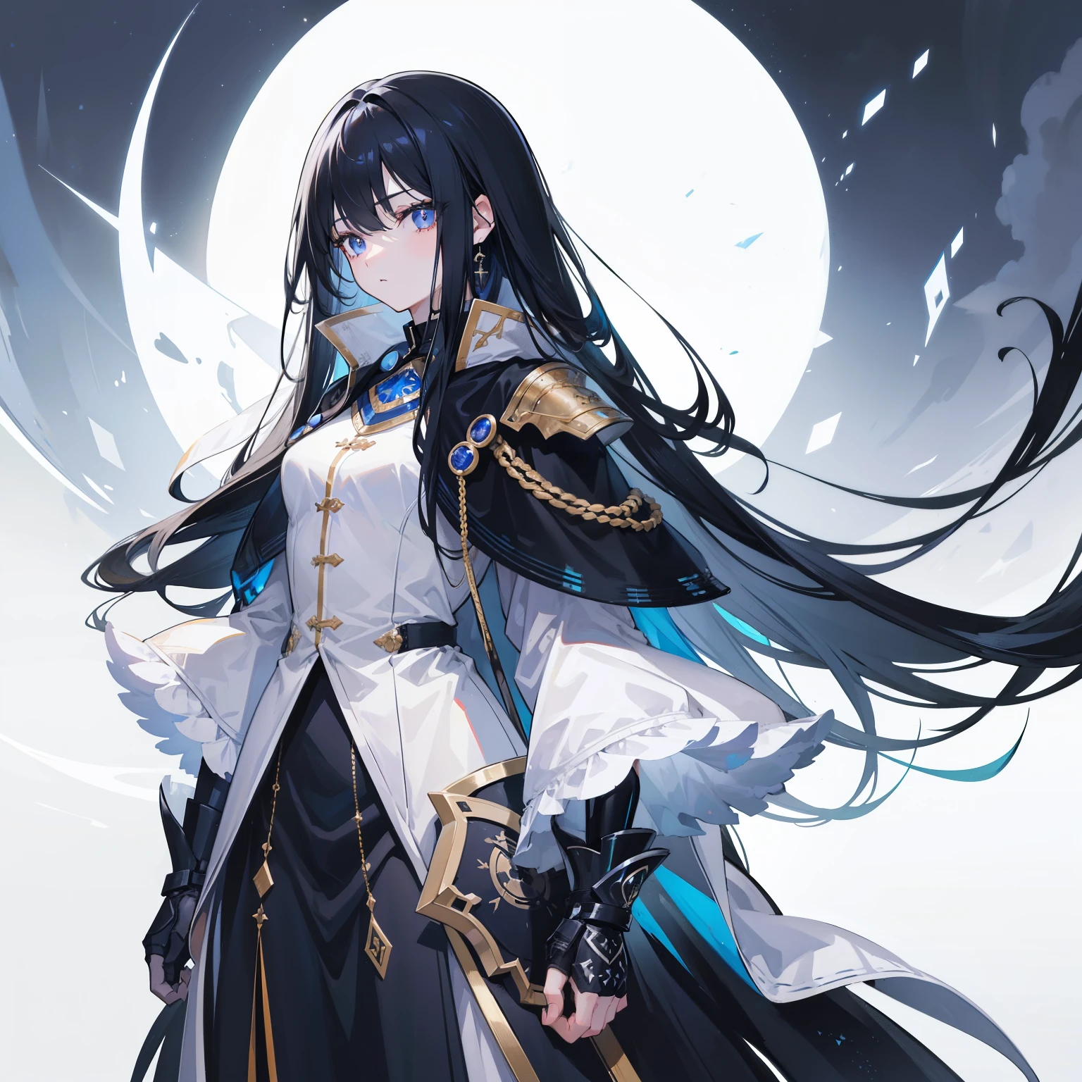 girl,Long Black Hair, The inside of the hair is blue、Iris,White coat,uniform、masterpiece, highest quality, Super detailed, Downcast eyes,Tabletop, highest quality), (Perfect athletic body:1.2),8K High Resolution, Trend Art Station, White Background, Standing in the Wilderness,whole body、Crow-shaped gauntlets