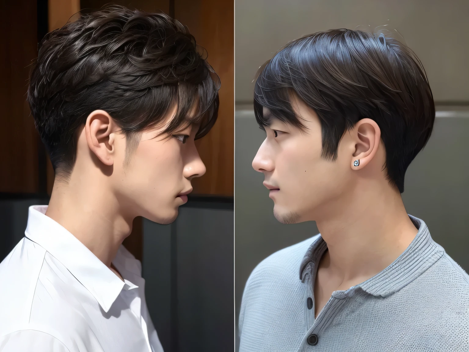 Man in white shirt、Short hair、Japanese man in his 20s、pierced left ear、His profile with his head down、Photo-realistic skin texture、Upper body portrait,Beardless、Bangs down、Photo-realistic hair texture、Hair Catalog、1 person、profile