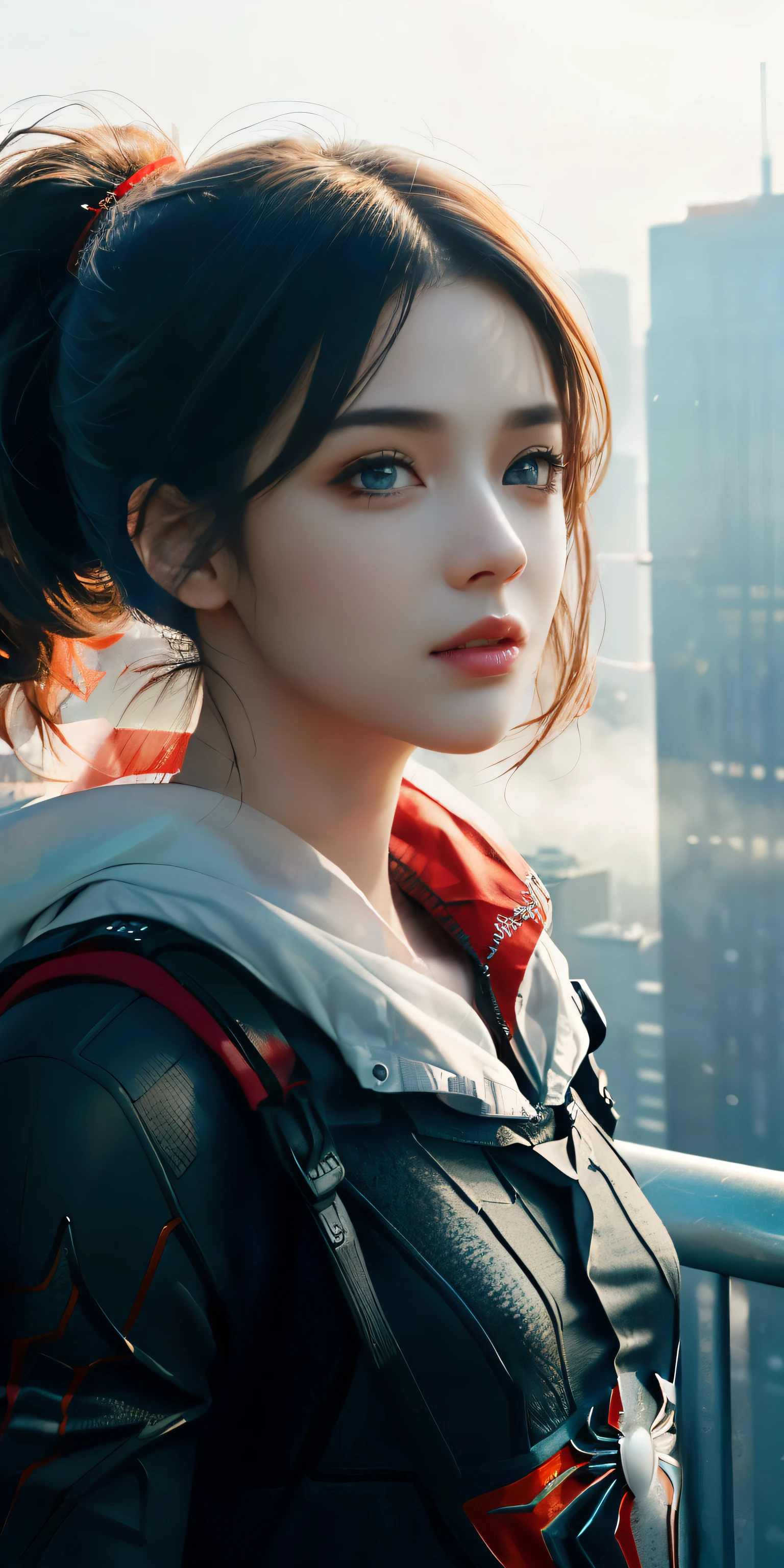 (1girl:1.3), Solo, (((Very detailed face)))), ((Very detailed eyes and face)))), Beautiful detail eyes, Body parts__, Official art, Unified 8k wallpaper, Super detailed, beautiful and beautiful, beautiful, masterpiece, best quality, original, masterpiece, super fine photo, best quality, super high resolution, realistic realism, sunlight, full body portrait, amazing beauty, dynamic pose, delicate face, vibrant eyes, (from the front), She wears Spider-Man suit, red and black color scheme, spider, very detailed city roof background, rooftop, overlooking the city, detailed face, detailed complex busy background, messy, gorgeous, milky white, highly detailed skin, realistic skin details, visible pores, clear focus, volumetric fog, 8k uhd, DSLR, high quality, film grain, fair skin, photo realism, lomography, futuristic dystopian megalopolis, translucent
