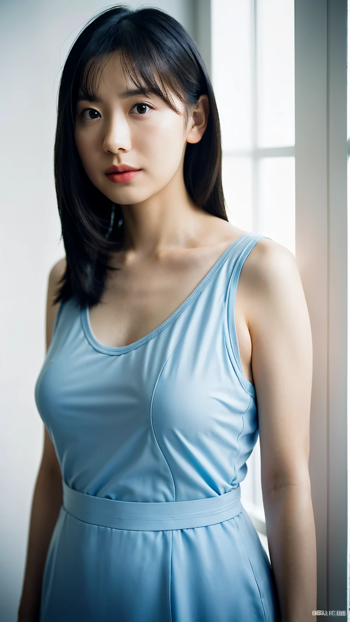 A woman in her 50s、five〇age、A little old、Big Breasts、camisole、(Corridors in Japan、Some of her hair is sky blue:1.4)、White wall、(A room with a white wall and a window)、((highest quality、8k、masterpiece:1.3))、Ultra-high resolution、(photoGenuineistic:1.4)、RAW Photos、Japanese,(Detailed aspect)、Genuine、Photographed in natural light、Highly detailed face and skin texture、Highly detailed lips、The correct state of the human body、Shortcuts、Black Hair、Various poses、Natural color lip、Upper Body