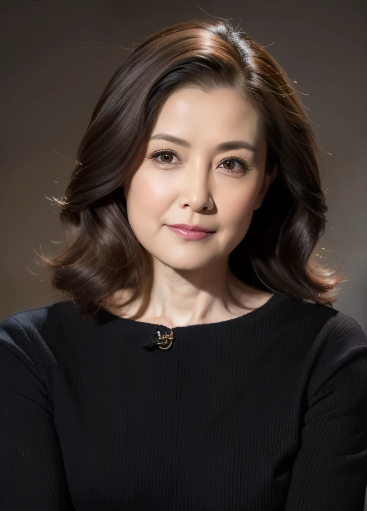 masterpiece,highest quality, (1 mature woman), ((Portraiture:1.5)), ((Look Down, Looking at the audience)), compensate, Elegant black shirt, Brown wavy hair, ((Temptation performance, Open your mouth:0.5)),