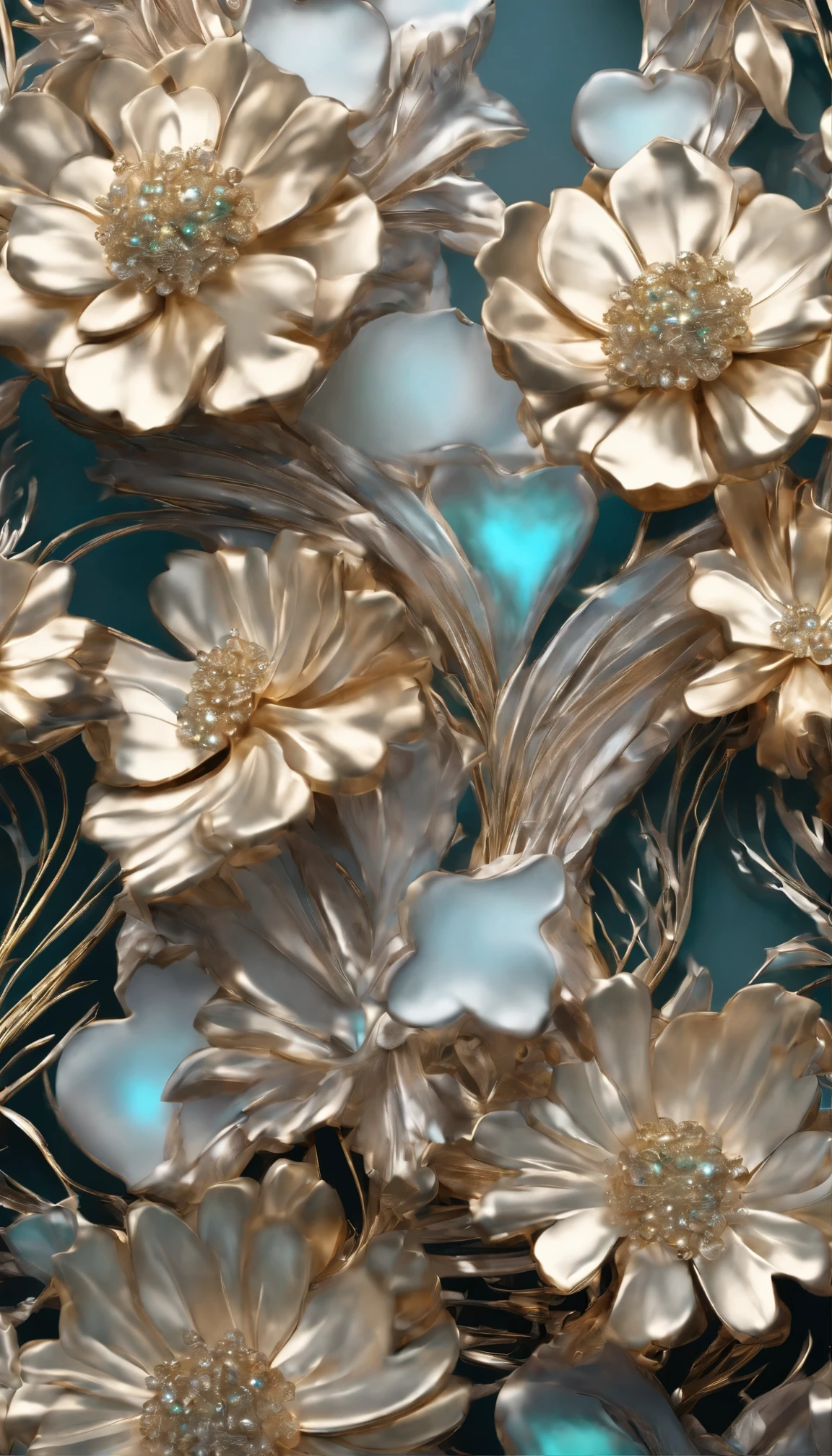 All expressed with jewels, the arrival of spring, various beautiful flowers, angles looking up from below, various jewels falling from the sky, wonderful and beautiful superb view, slightly hazy, fantastic, high resolution, 8K, (best quality, highres, realistic:1.37), shiny metallic flowers, intricate and delicate petals, reflective surfaces, vibrant colors, intricate details, close-up view, surreal garden, surreal beauty, dreamy atmosphere, fine art, abstract botanicals, metallic sculpture, contrasting textures, ethereal glow