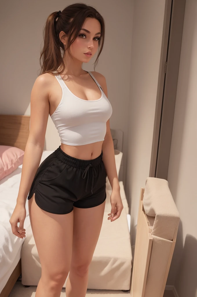 (best quality), (masterpiece), (4k), dark blond hair, pony tail, tanktop, dolfine shorts, medium breasts, wavy dark blind hair, thick thighs, wide hips, slender face, shiny body, natural makeup, bedroom, natural lighting